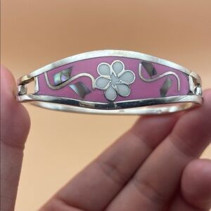 Pink and Silver Floral Mexico Abalone Inlay Bracelet M32